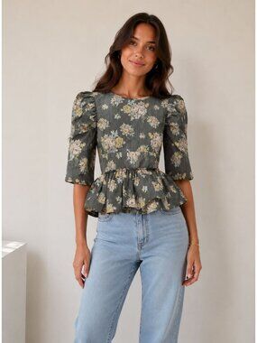 NWT $1060 Brock Collection 3/4 Sleeve Floral Peplum Blouse Multi Size 12